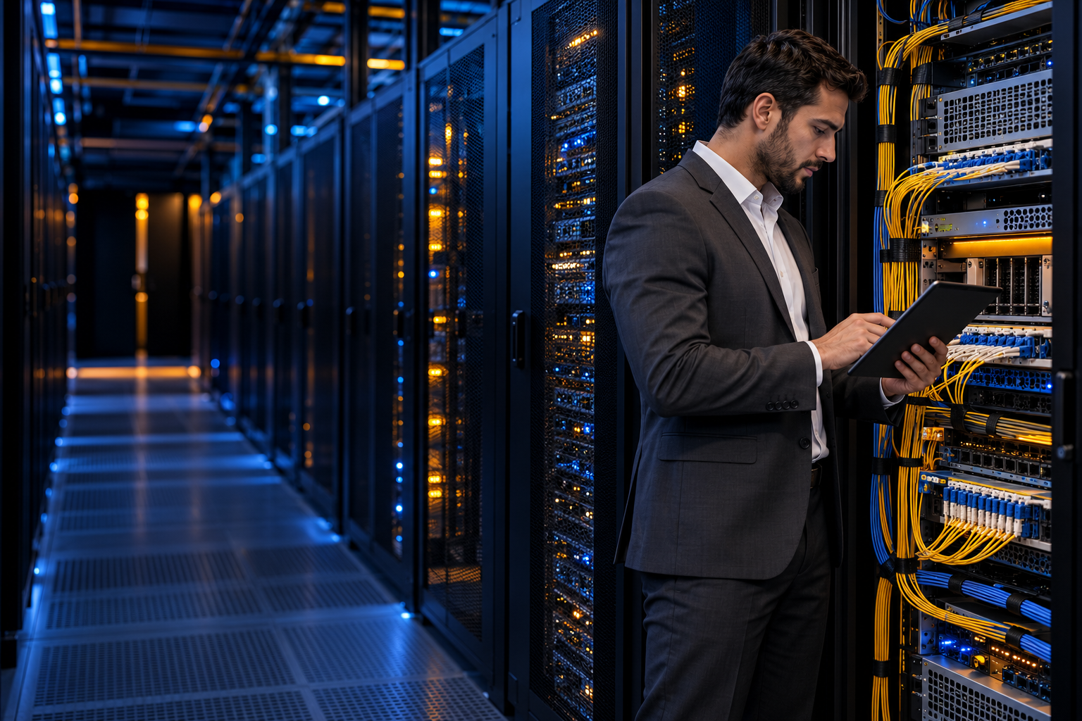 Especialista de redes empresariais inspeciona equipamentos OLT e conexões de fibra em um data center.